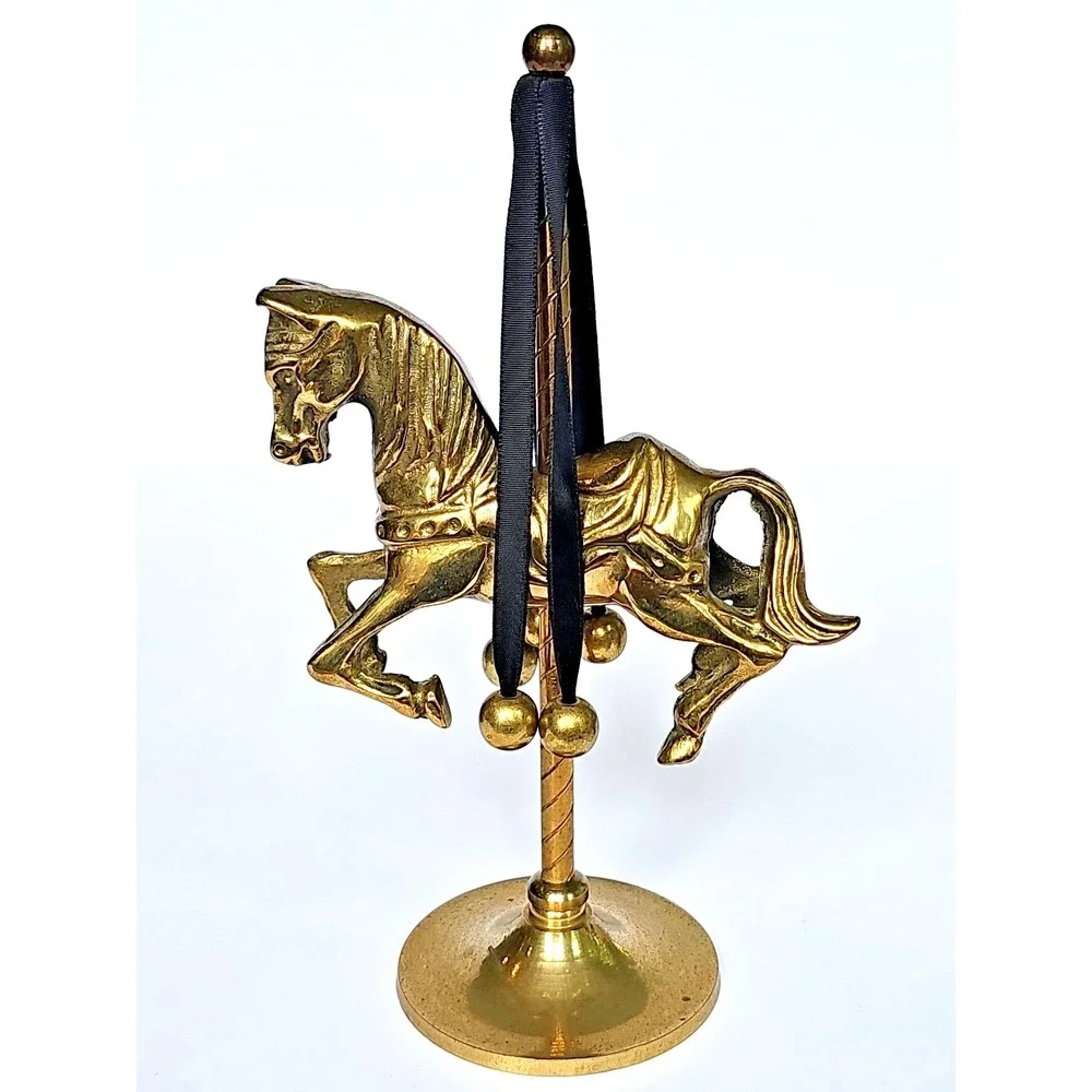 Vintage Solid Brass Carousel Horse Sculpture with Ribbons and Brass Balls M1029